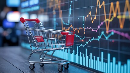 Shopping cart in front of stock market chart
