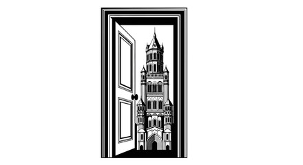 A doorway to imagination: Illustration of a castle revealed beyond a portal door