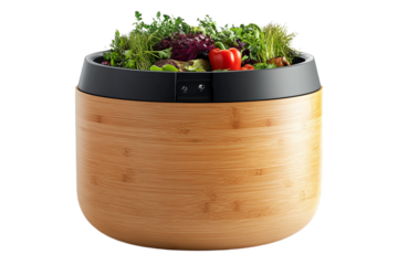 Indoor garden system with fresh herbs and vegetables on transparent background