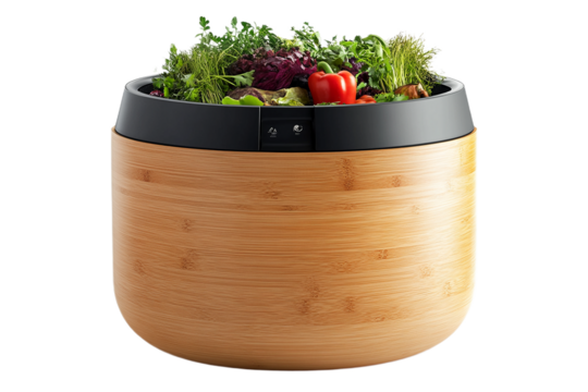 Indoor garden system with fresh herbs and vegetables on transparent background