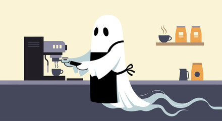 Whimsical vector illustration of a friendly ghost barista making coffee in a cafe scene