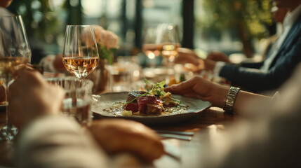 Fototapeta premium Elegant dinner party with fine dining and wine