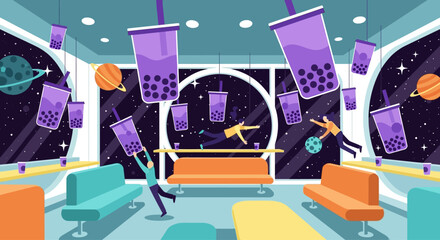 Whimsical bobba tea cafe scene featuring floating cups in a space-themed setting