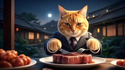 Dapper orange tabby cat enjoying a gourmet steak dinner in elegant suit under the moonlight - a humorous and unique animal concept with fine dining
