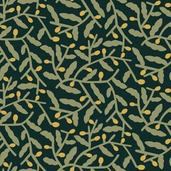 Seamless Botanical Pattern with Hand-Drawn Leaves and Berries
