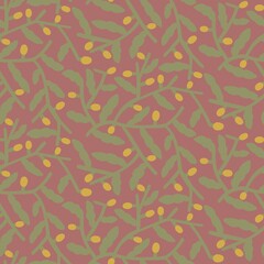 Seamless Botanical Pattern with Hand-Drawn Leaves and Berries