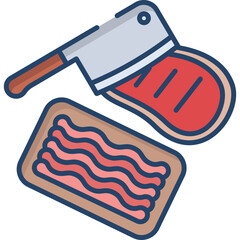 Stylized Meat Cleaver Slicing Red Raw Steak Above Ground Beef In Tray With Blue Outline Isolated On White Background, Flat Design Icon Style Meat Preparation Illustration