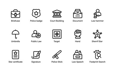 Legal crime protection icons. highlight law books, document, shields, courthouse, crime, security, and investigation line symbols.