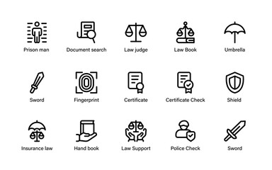 Law enforcement justice icons. showcase legal documents, crime prevention, security, shields, courtroom, and monitoring line icon set.