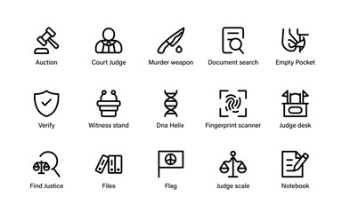 Justice protection law icons. legal files, secure, crime, courtroom, police, and identity line symbols.