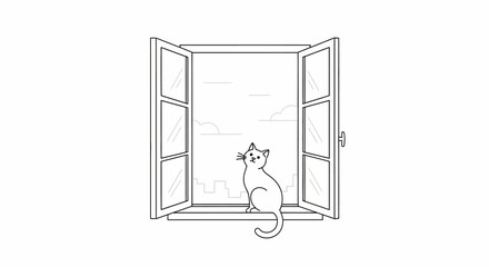 Simple line drawing of a cat sitting on a window sill looking at the city skyline with clouds in