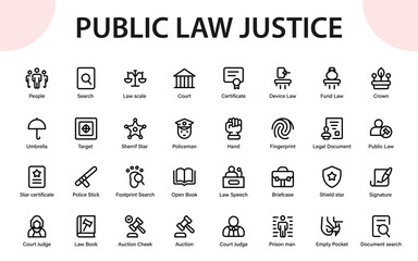 Public law justice icons collection. legal protection, police, criminal investigation, and essential judiciary line icon set.