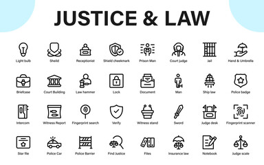 Justice and Law icons collection. law enforcement, court, judicial, legal protection, and attorney line icon set.