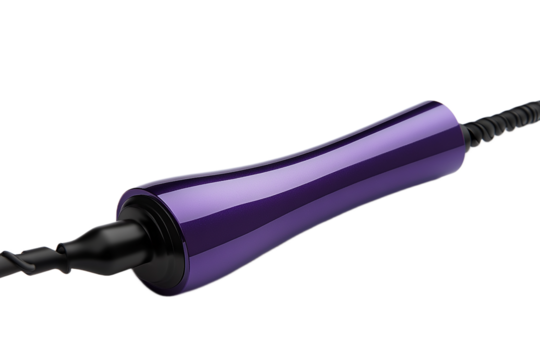 Purple styling wand with black cord for hair care on transparent background