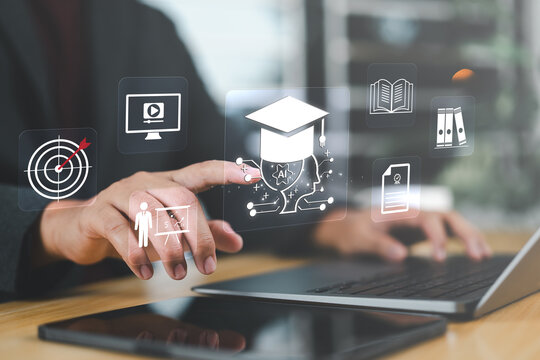 Close-up of a businessman using a digital interface with an AI education icon, symbolizing e-learning, future skills, and modern AI training.