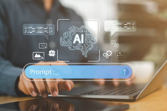Man interacting with an AI chatbot prompt on a laptop, representing artificial intelligence, generative AI, virtual assistants, and smart content creation in modern multimedia technology.