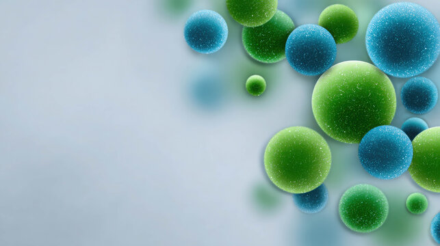 Digital Composition of a Glowing Colony of Microorganisms Featuring Colorful Spheres in Vivid Green and Blue Against a Soft Gray Background