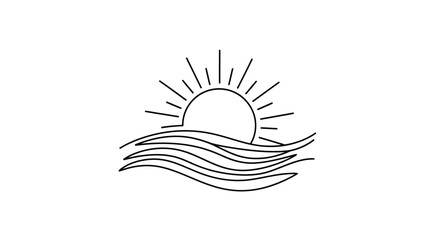 Minimalist sun rising over the ocean waves line art illustration for summer concept and vacation