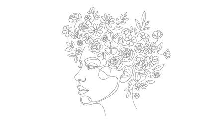Minimalist line art portrait of a woman with flowers adorning her head beautifully and elegantly