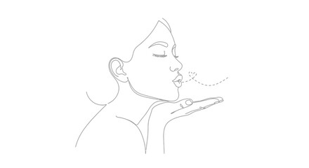 Minimalist line art of a woman blowing a kiss expressing affection and romance with simplicity and