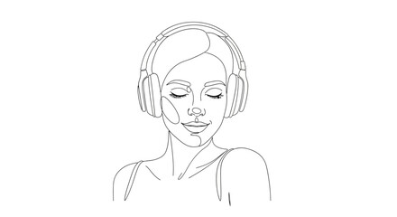Minimalist line art illustration of a woman with headphones lost in music relaxation