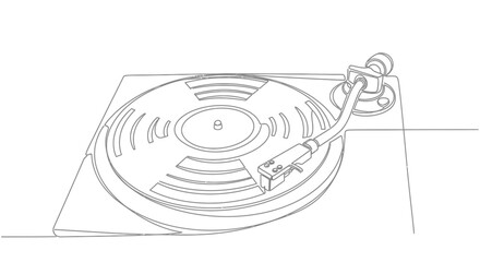 Minimalist Line Art Illustration of a Turntable with Vinyl Record and Tone Arm 50s Retro Music