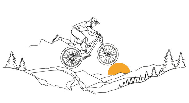 Minimalist mountain bike illustration captures the thrill of extreme sports and the beauty of nature