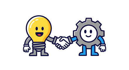 Illustration of lightbulb and gear cartoon characters shaking hands symbolizing partnership and