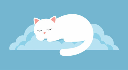 Illustration of a serene white cat sleeping peacefully on a fluffy cloud in the sky