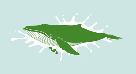 Illustration of a Green Humpback Whale Leaping Out of the Water with Splash