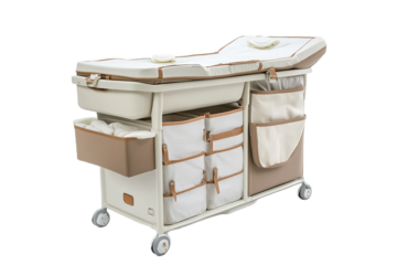Stylish beige and white baby changing table with storage on transparent background