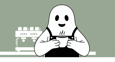 Halloween barista ghost serving coffee illustration with coffee machine and cups on the background