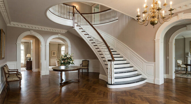Grand classic foyer with a sweeping curved staircase, white balustrades, dark wood herringbone floor, chandelier, and arched doorways.