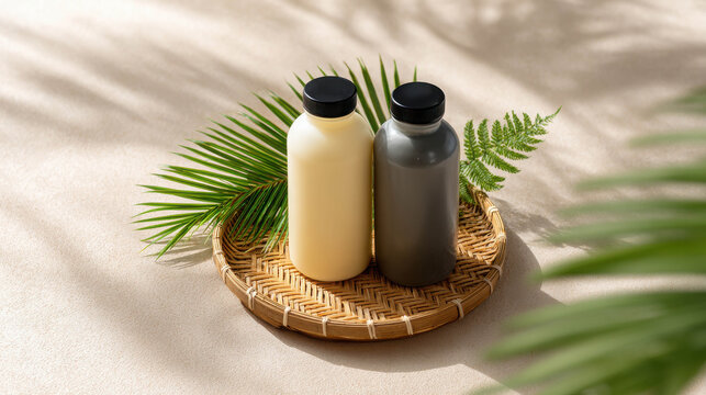 Minimalist Branding Setup of Thai Herbal Beverages in Elegant Bottles with Natural Elements