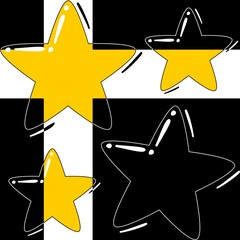 Seamless pattern of bright yellow and black cartoon stars on white stripes. Black background.