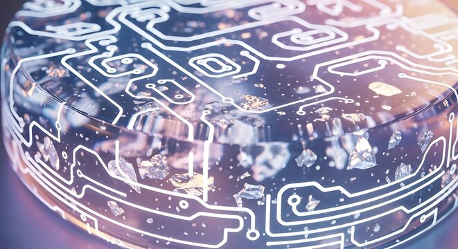 Abstract circuit board overlay on blurred cityscape creates a futuristic technology concept