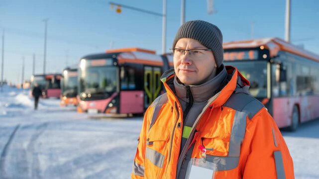 Snowy bus station with transit worker wearing bright orange jacket and gray beanie in winter landscape