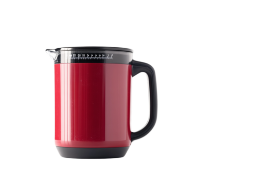 Stylish red coffee maker with black accents displayed elegantly on transparent background