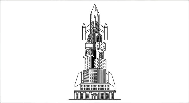 Futuristic architectural concept combining urban skyline and space rocket design elements