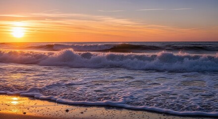 Golden coastal waves at twilight create a mesmerizing oceanic spectacle seascape