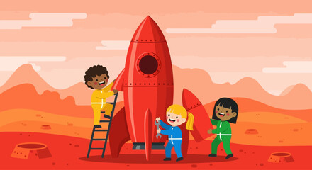 Enthusiastic children collaboratively building a rocket ship on a martian landscape