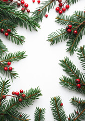 Christmas Pine Branches with Red Berries on White Background with Copy Space