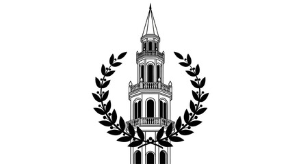 Elegant tower illustration framed by a laurel wreath in minimalist black and white design