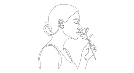 Elegant single line drawing of a woman smelling a flower in graceful simplicity