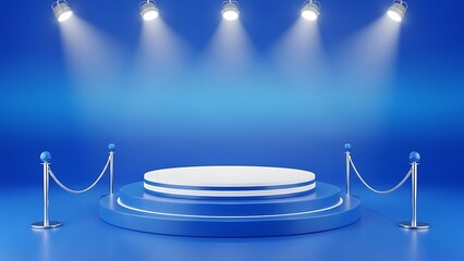 A vibrant 3d rendering of an empty blue stage podium illuminated by bright overhead spotlights, set up with velvet ropes for an exclusive presentation or product launch event