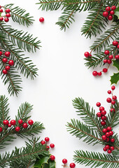 Christmas Pine Branches with Red Berries on White Background with Copy Space