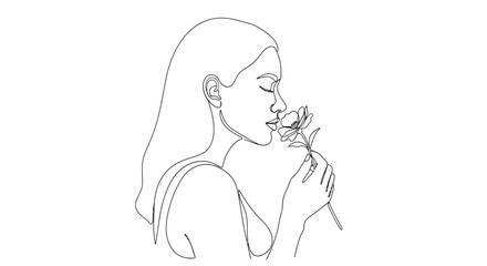 Elegant line art portrait of a woman smelling a flower conveying beauty and serenity