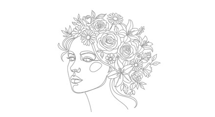 Elegant line art illustration of a woman's face adorned with flowers artistic representation