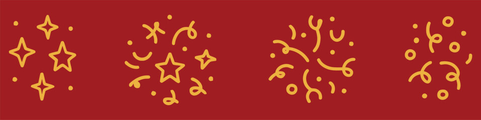 Golden doodle line confetti circle explosion. Merry Christmas, Happy New Year, Kids Birthday party cute design element. Funky quirky scribble. Festive holiday pattern ornament  red bacckground