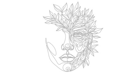 Elegant line art portrait of a woman adorned with leaves showcasing natural beauty and artistic